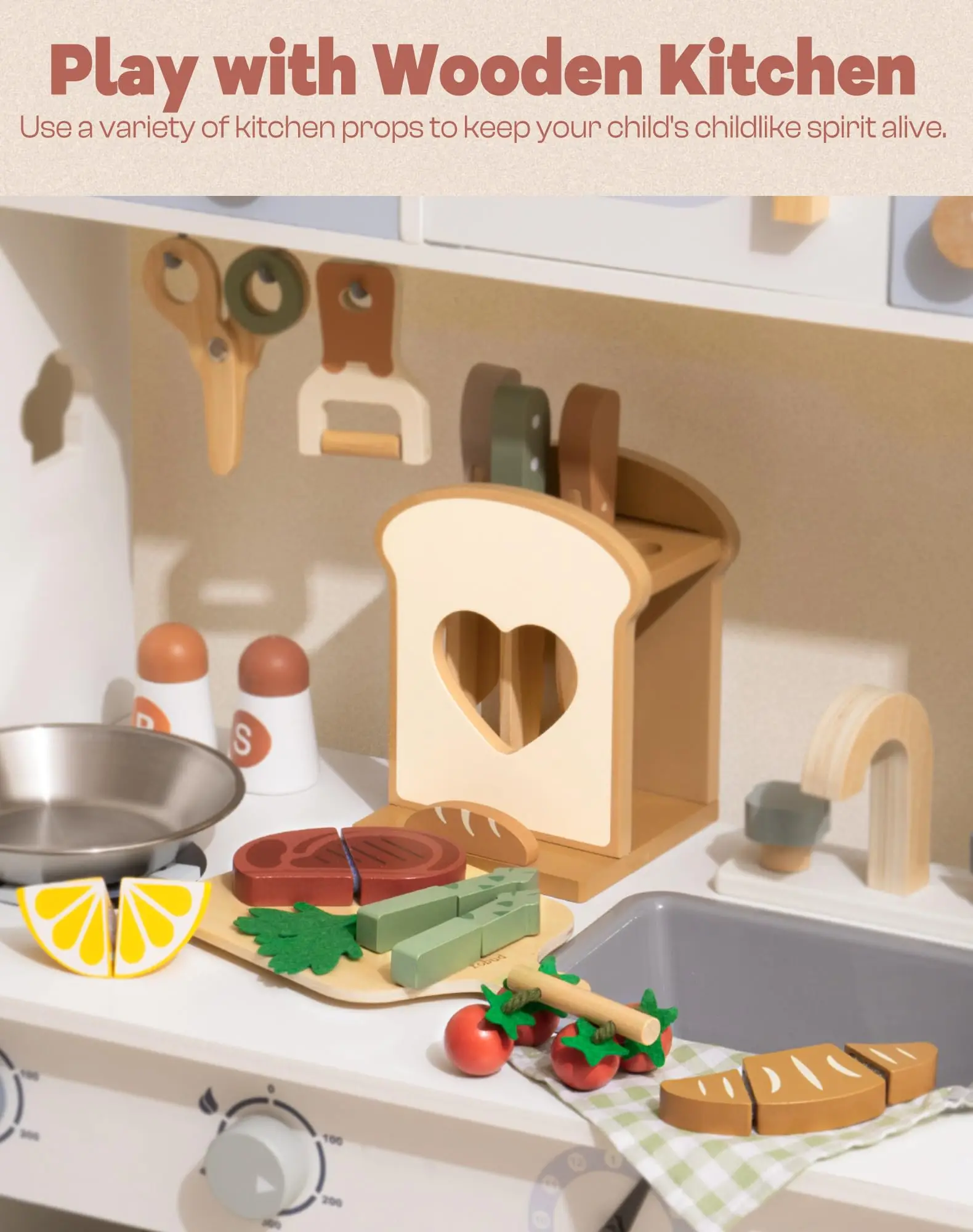 ROBUD เล่นชุดมีดทําครัวไม้ Playset Montessori แรงบันดาลใจ Pretend KITCHEN ของเล่นบทบาทเล่นของขวัญสําหรับชายและหญิง