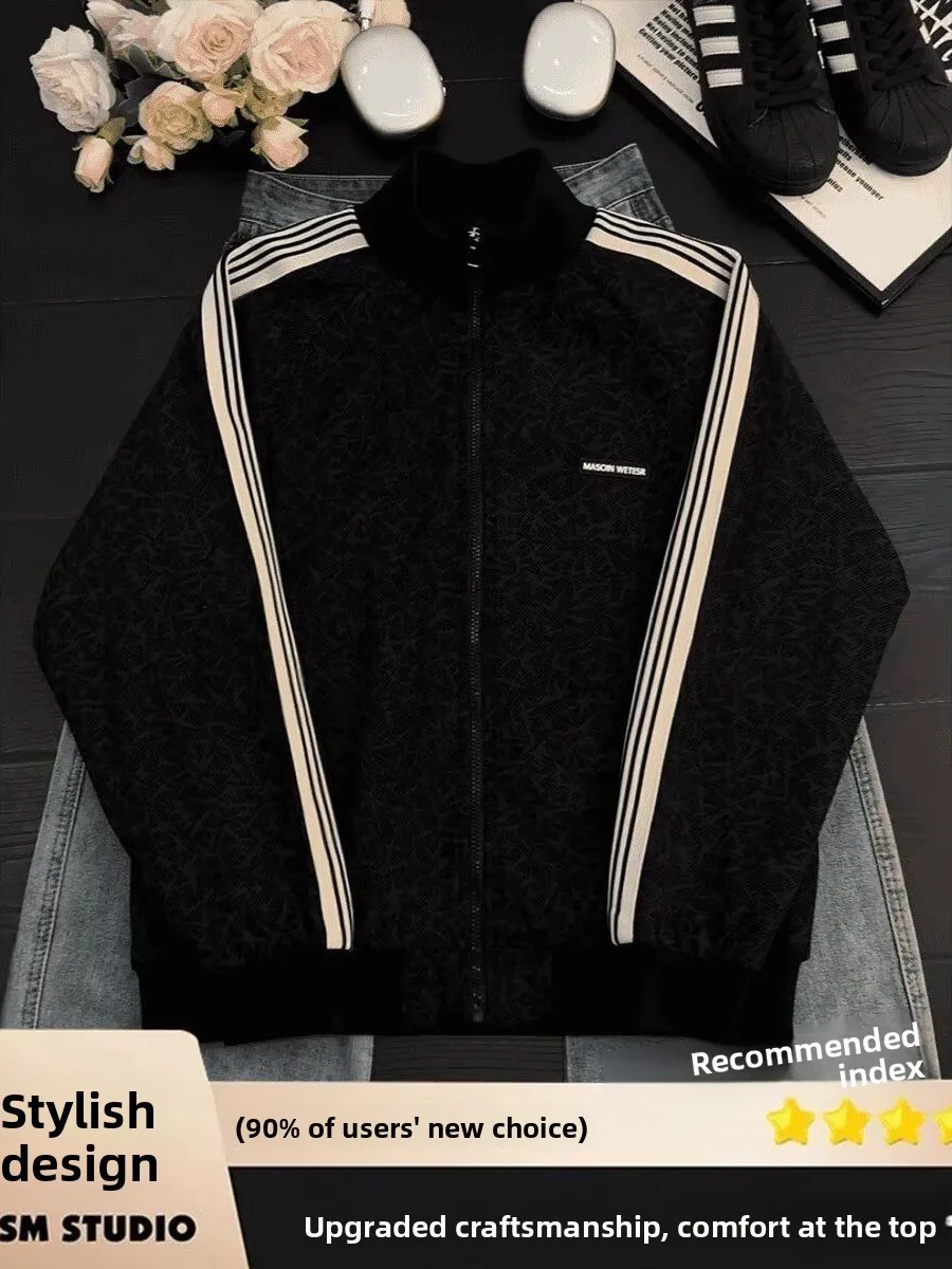 Retro American Baseball Jacket with Dark Pattern And Stand Collar for Men Autumn Design Cleanfit Three Bars Outerwear Coat