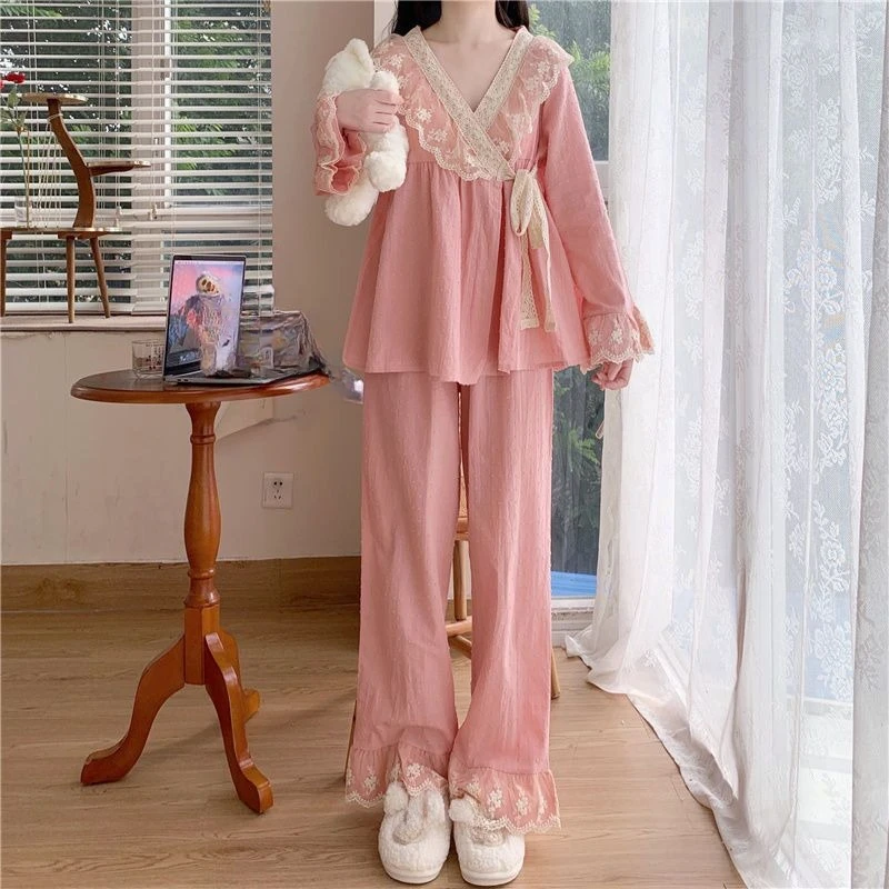 Japanese Kimono Pajamas Women\'s Spring Autumn Loungewear Suit Lace V-neck Sweet Princess Outerwear Home Clothing 2-piece Set