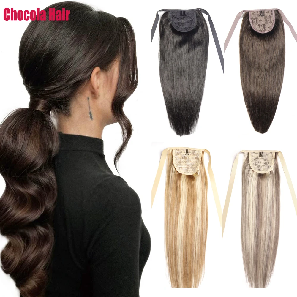 

Chocola 16"-20" 60g Brazilian Remy Hair Ribbon Ponytail Clip In 100% Human Hair Extensions Horsetail Stragiht