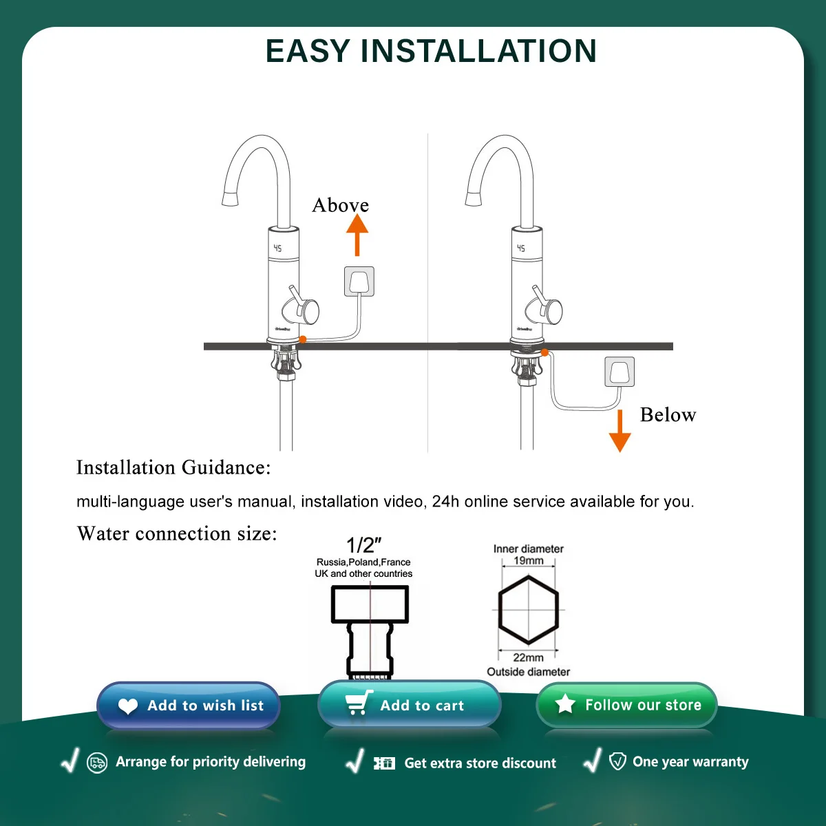 Briwellna Instant Hot Water Faucet 220V Electric Water Heater Faucet 2 in 1 With Digital Display Heating Tap Flowing Geyser