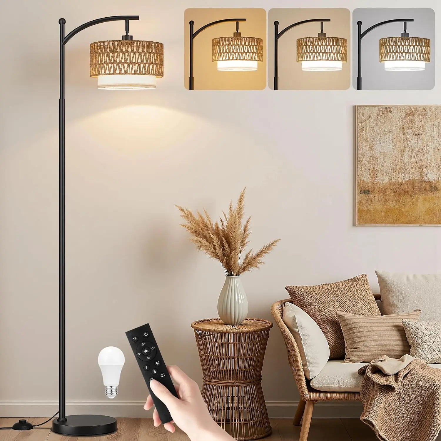 

Arc Floor Lamp with Remote, Rattan & Linen Shades, Dimmable LED Bulb for Living Room Bedroom Office