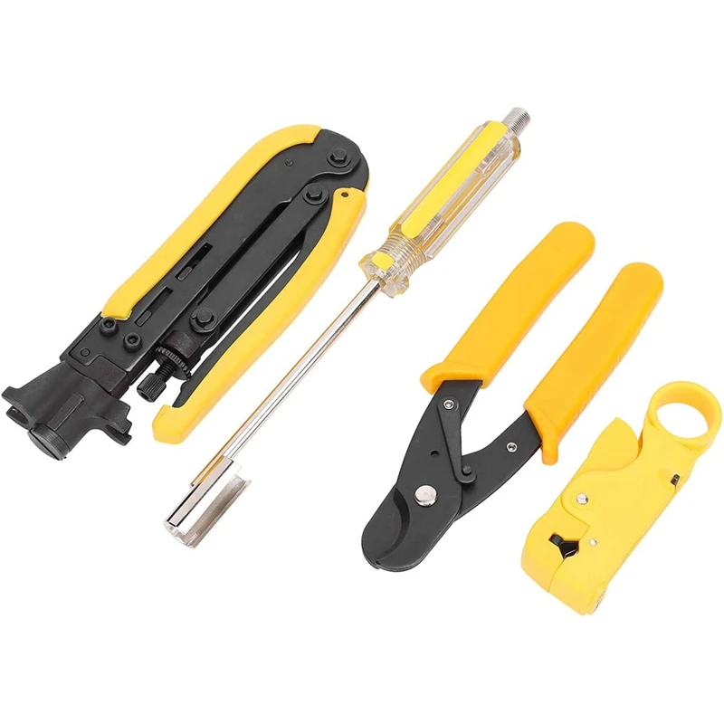 Coaxial Crimper Stripper Professional Compression Tool Kit Multifunctional Head Cable Pliers Compression Tool (4 Pcs)