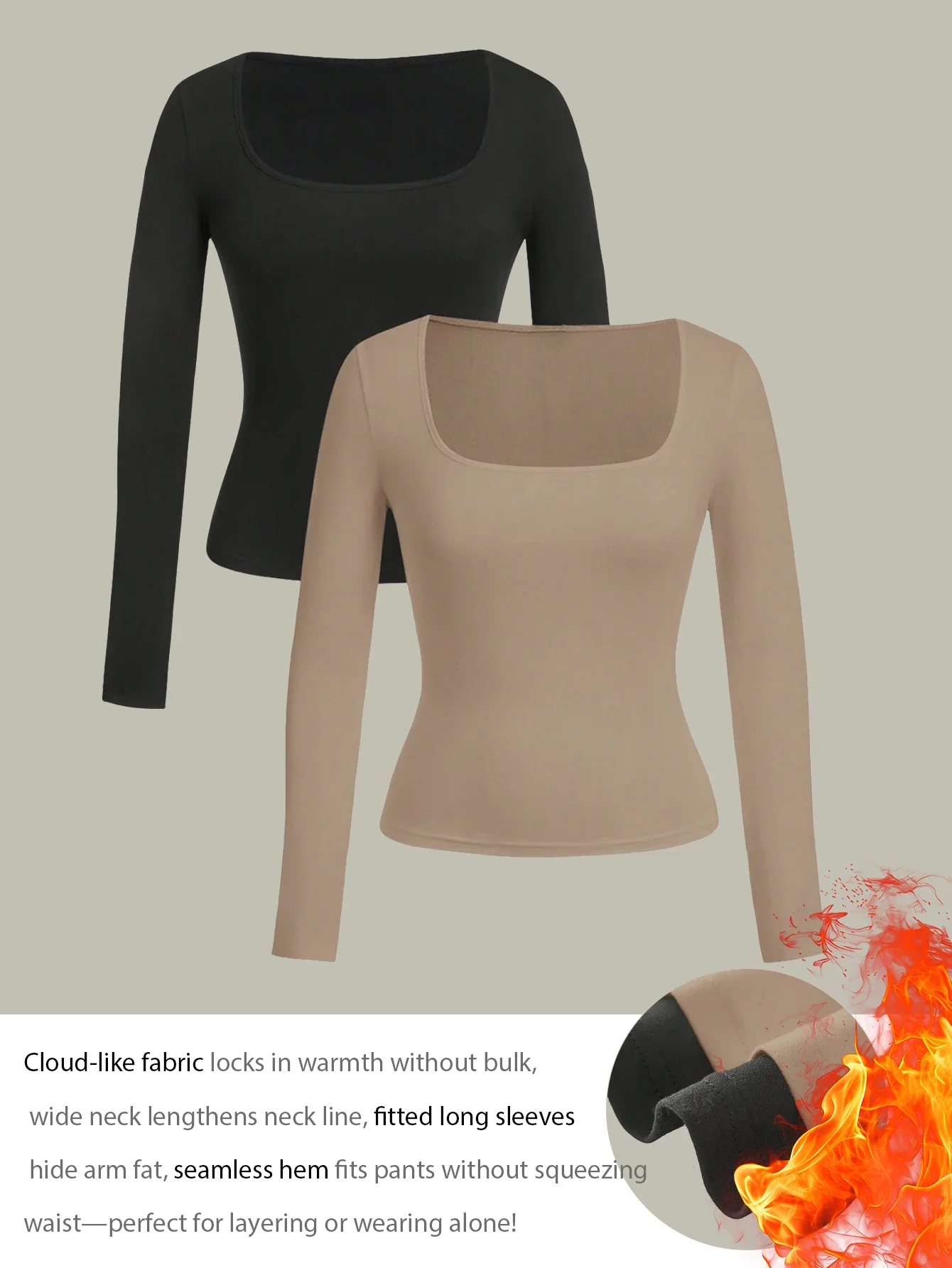 

Женские теплые рубашки 2, топ с длинными рукавами и квадратным вырезом, модная базовая футболка, повседневный фитнес, удобная посадка