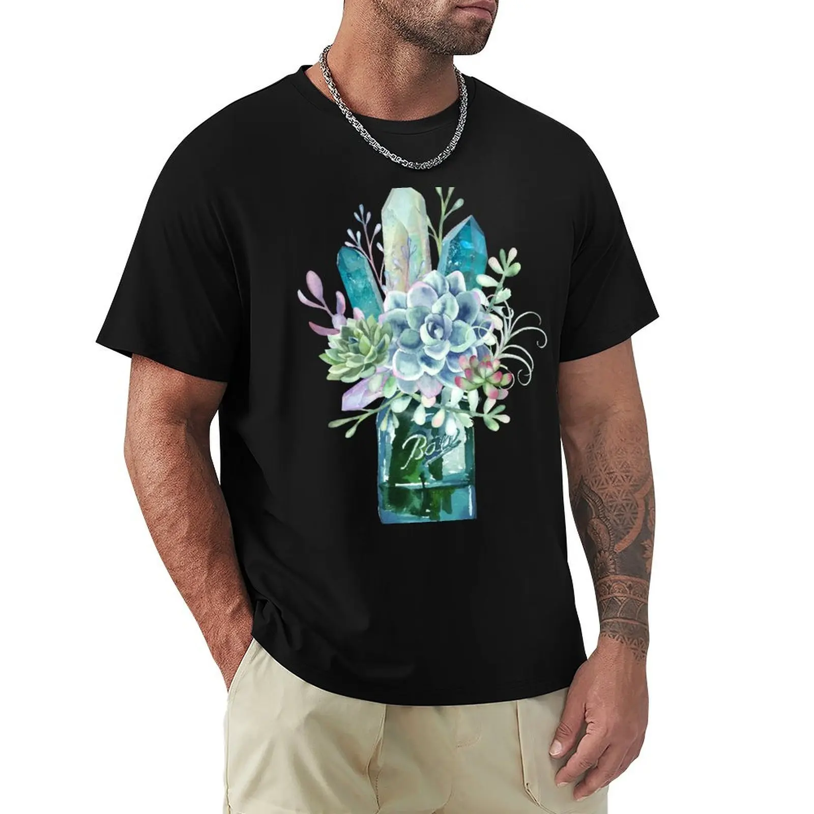 Succulent, crystal, bouquet, crystals, cacti, flowers, ball jar, vase, watercolor T-Shirt kawaii clothes shirts graphic tee men