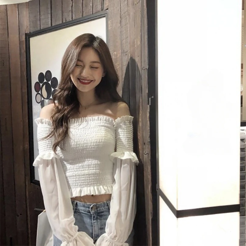 Kpop Korean Celebrity Streetwear Off-Shoulder Elastic Shirts Slim Tops Women Party Nightclub Hot Girls Sexy Long Sleeve Blouses