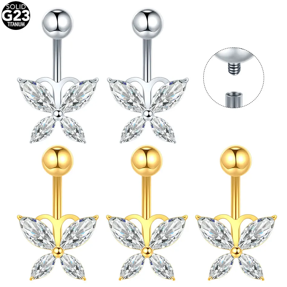 1/2Pcs Titanium CZ Zircon Butterfly Belly Button Ring 14G Body Jewelry Decoration Internally Threaded Navel Ombligo Piercing