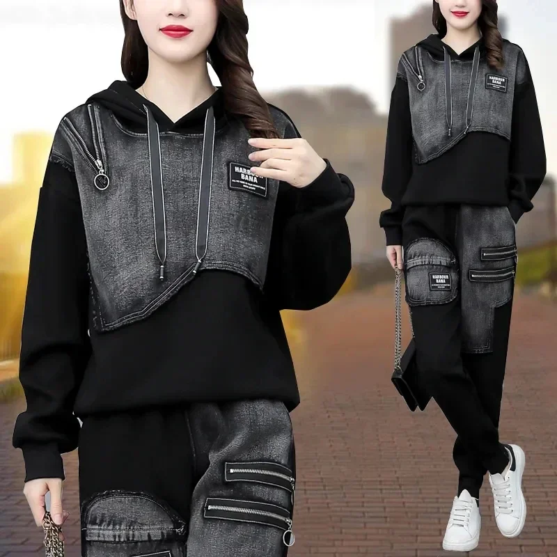 

Sportswear Set Female Spring Autumn New Fashion Everything Western Style Leisure Show Thin Denim Hoodie Two-piece Set Tide A411