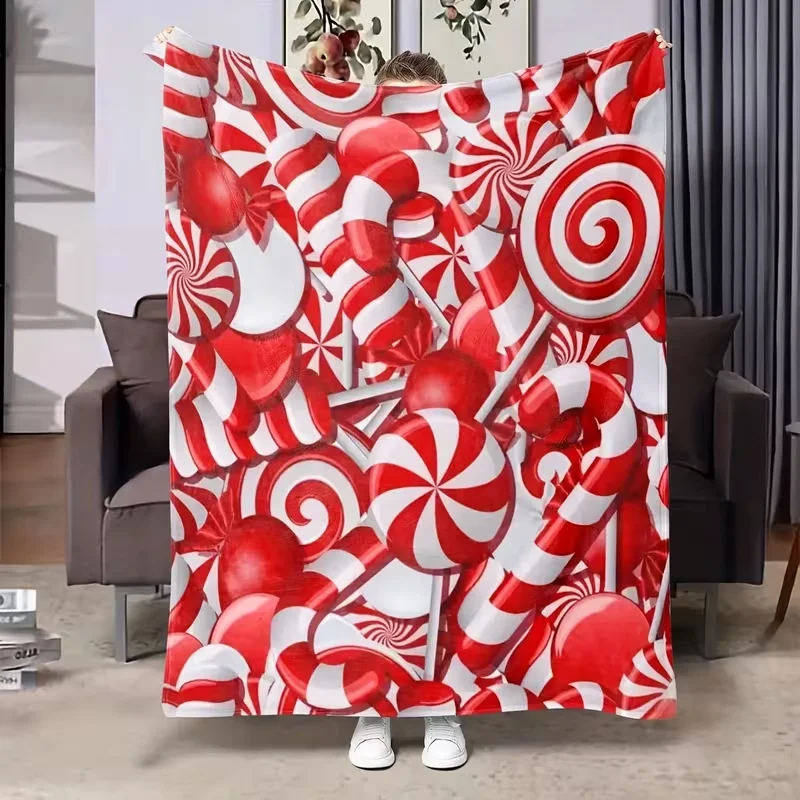 Red White Candy Cane Lollipop Flannel Throw Blanket Christmas Peppermint Swirl Print Soft Warm Blanket Holiday Sofa Bed Decor