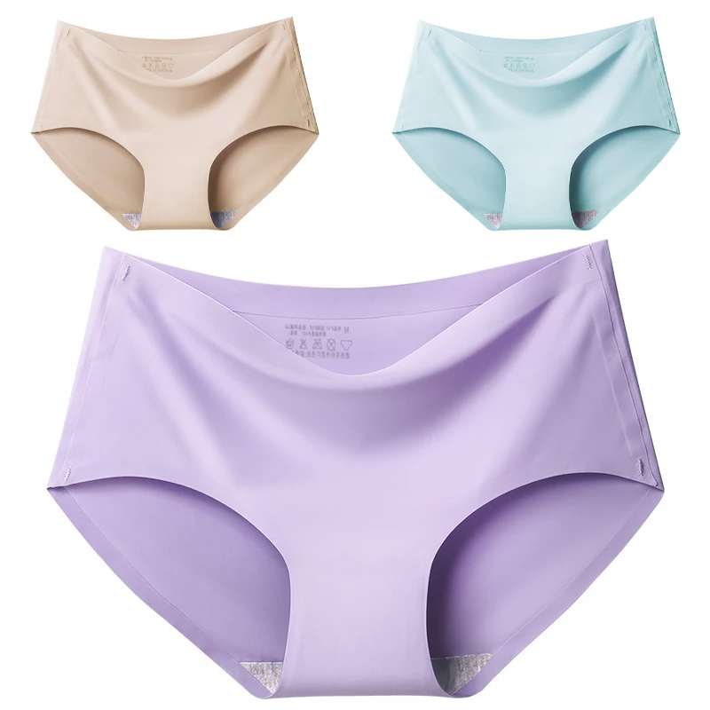 FINETOO 3Pcs Seamless Ice Silk Underwear For Women Sexy Invisible Comfort Briefs Mid-waist Women's Panties Breathable Lingerie