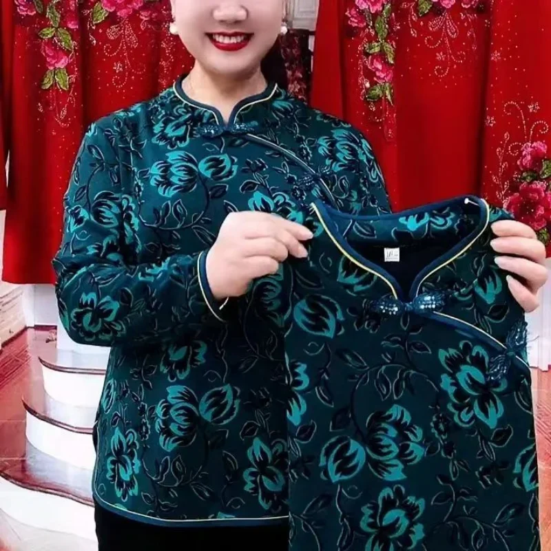 เสื้อยืดผู้หญิงสไตล์วินเทจ คอตั้ง ลายดอกไม้ แฟชั่นฤดูใบไม้ผลิและฤดูใบไม้ร่วง ทรงหลวม ใส่เป็นเสื้อตัวในหรือเสื้อตัวนอก แขนยาว สไตล์ลำลอง