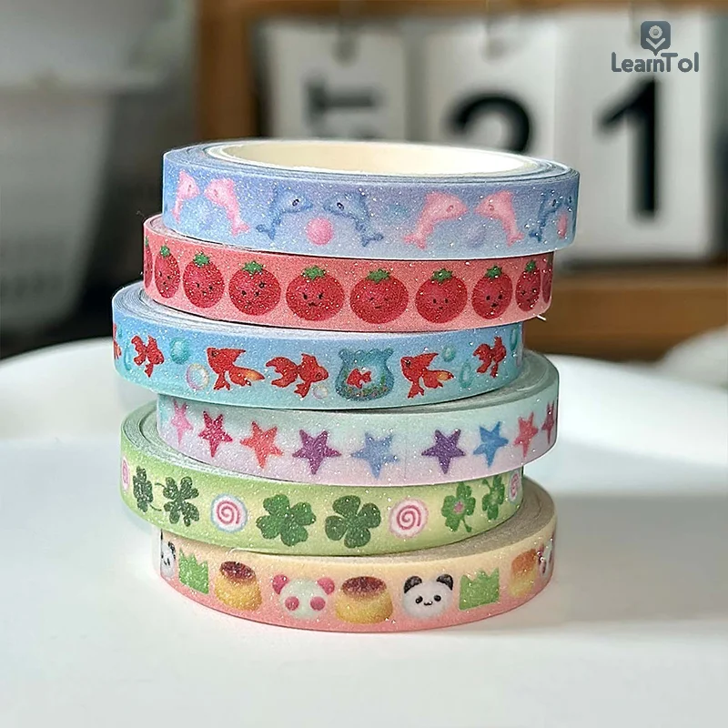 2Pcs Cute Waterproof Tape Kawaii Four-leaf Clover Masking Tape With Sand-Coated Shimmer Film DIY Diary Album Decoration Stickers