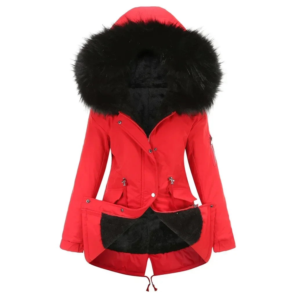 Dames Winter Warm Bont Capuchon Jas Parka Ritszakken Lange mouw Mode Casual Trekkoord Parka