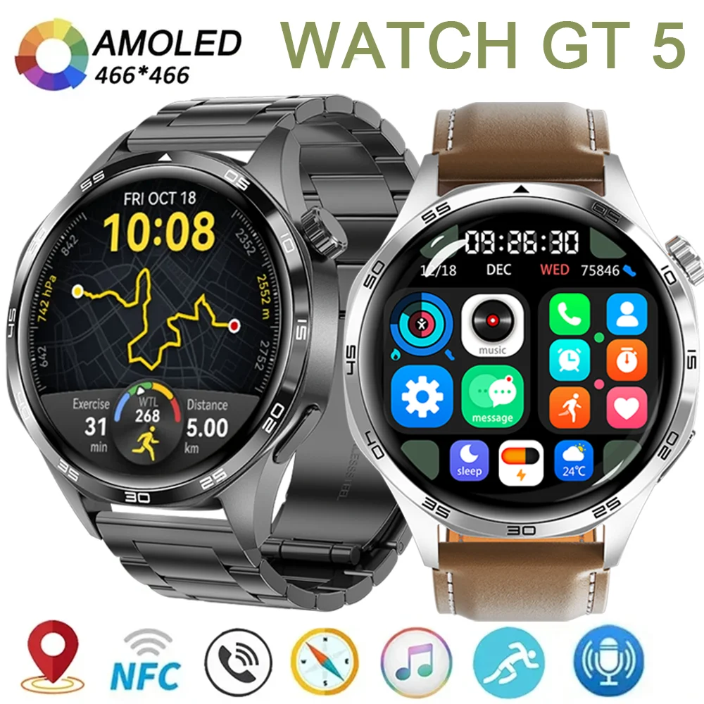 New For Huawei Watch GT 5 Pro Smart Watch Men AMOLED HD Screen GPS NFC Compass BT Call Waterproof Business Affairs Smartwatch