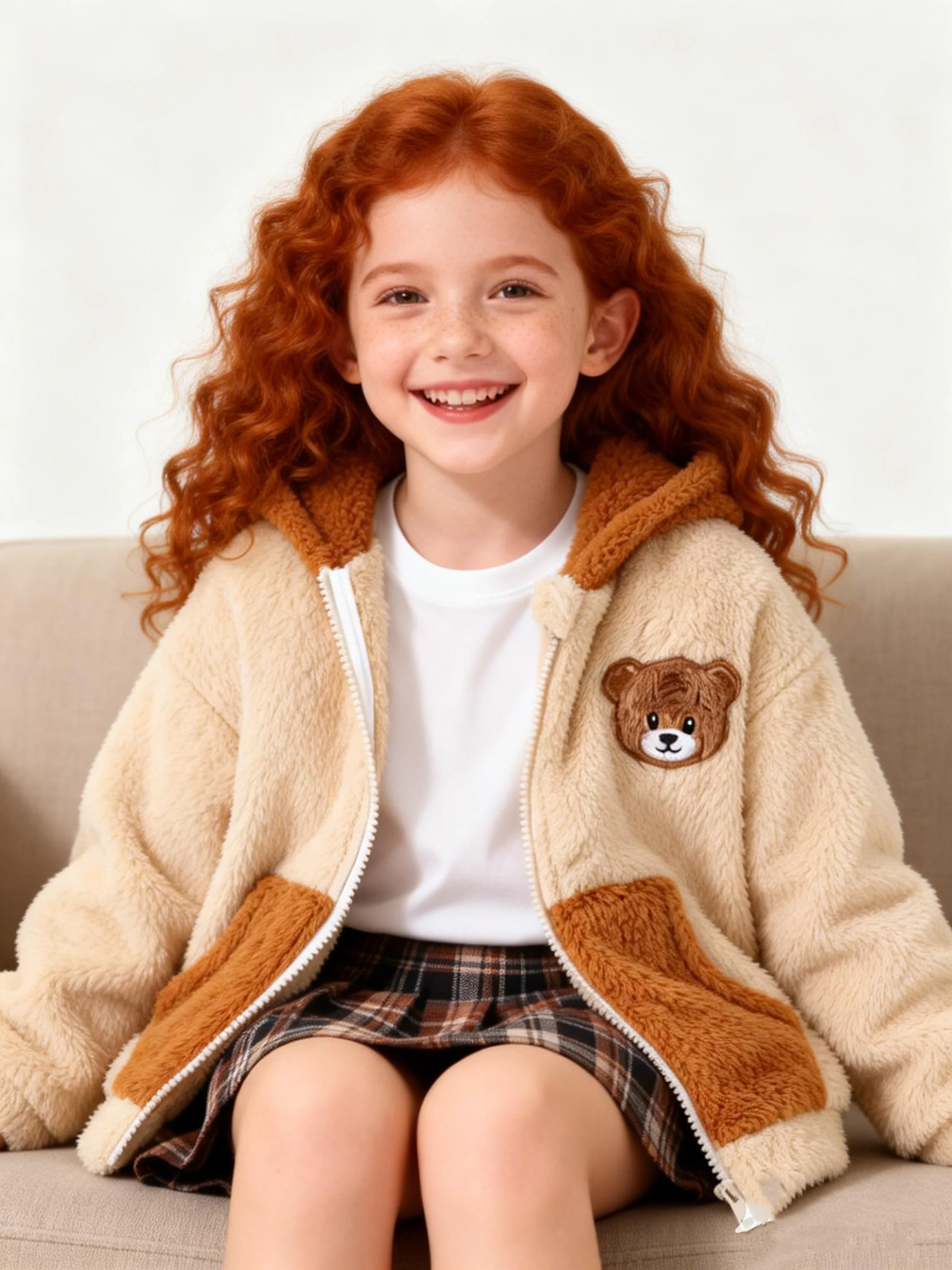 Winter Mädchen Langarm Reißverschluss Plüsch Kragen mit Plüsch Isolierung Bär Tuch Patch Jacke Modische Freizeitjacke