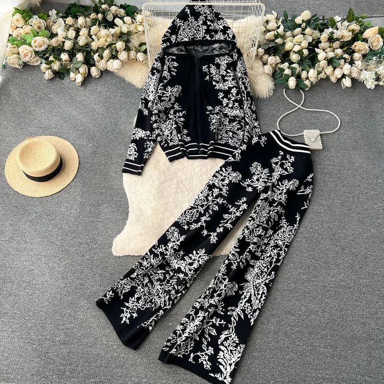 Vintage Knit 2 Piece Pant Sets Outfits Women Autumn Winter Hooded Cardigan Sweater + Wide Leg Pants Elegant Fashion Chic Sets