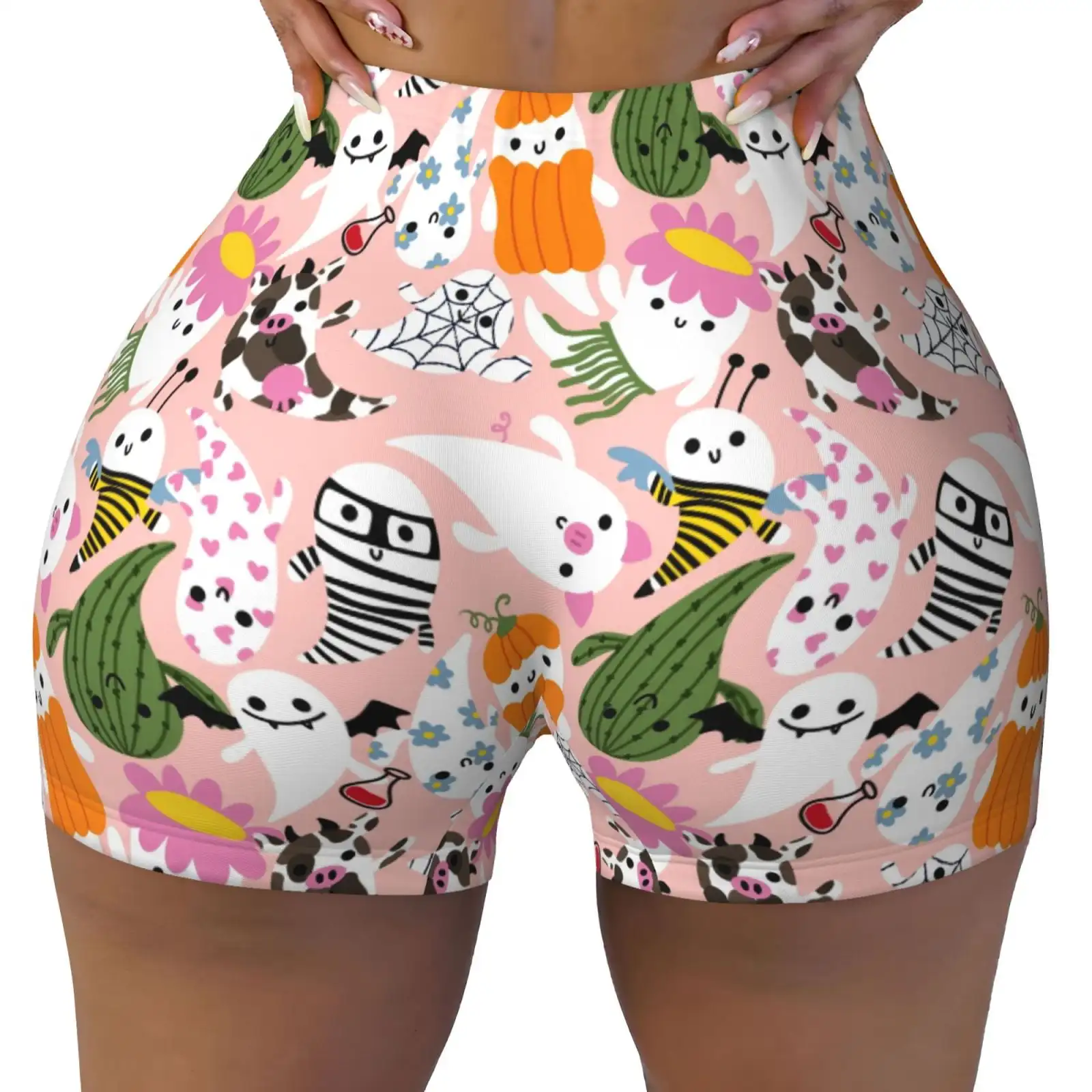 Cartoon Halloween Print Workout Shorts for Women Seamless Soft Smooth Gym Yoga Scrunch Active Shorts