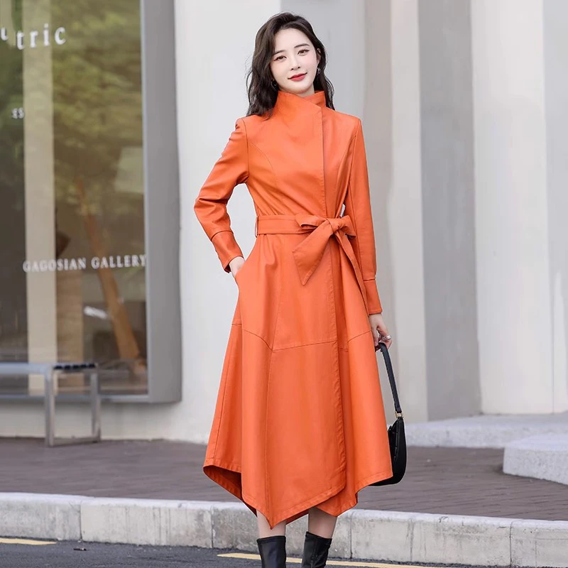 Neu Frauen Langer Ledermantel Frühling Herbst Mode Stehkragen Unregelmäßiger Saum Schmaler Trenchcoat Spaltleder Lässiger Mantel