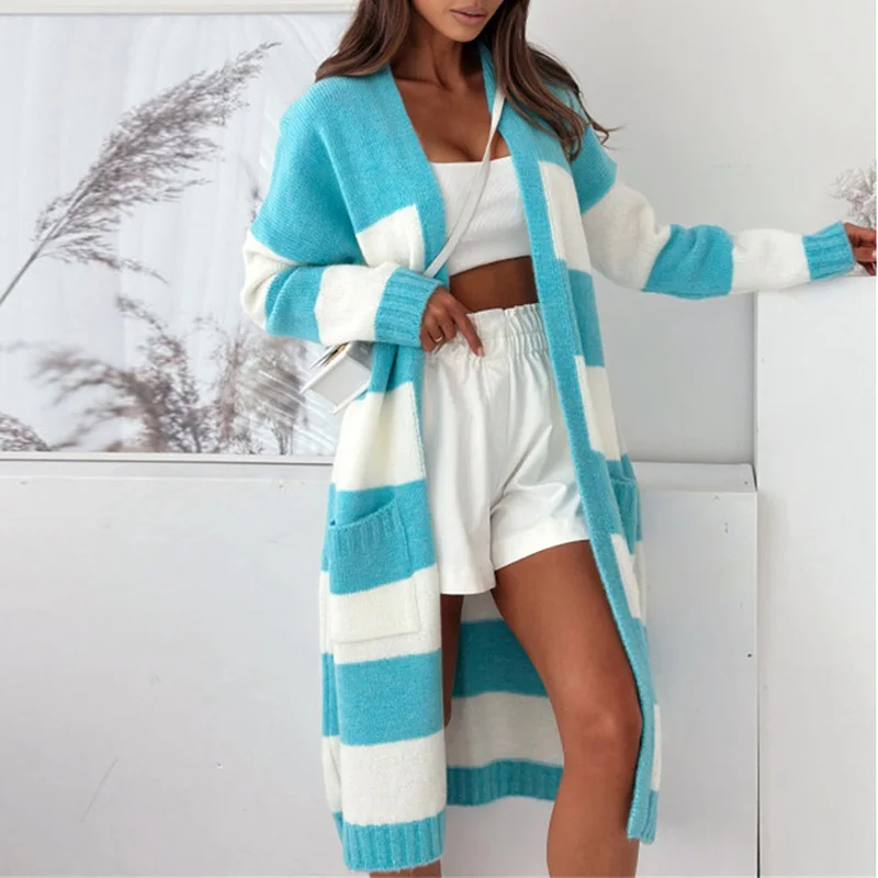 

Полосатый кардиган с v-образным вырезом и длинными рукавами, осеннее новое женское повседневное пальто с карманами для поездок на работу, повседневное свободное вязаное пальто-свитер