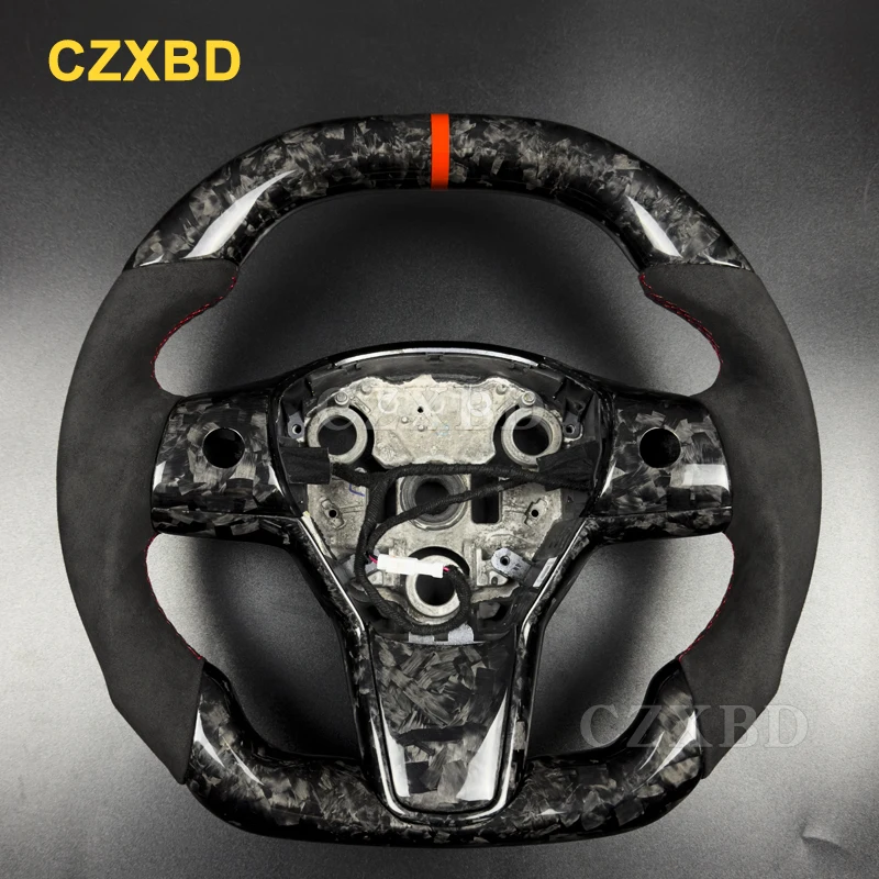 For Tesla Model Y 2022 2023 2024 Glossy Forged Carbon Fiber Steering Wheel High Quality Flat Shape Style Customized