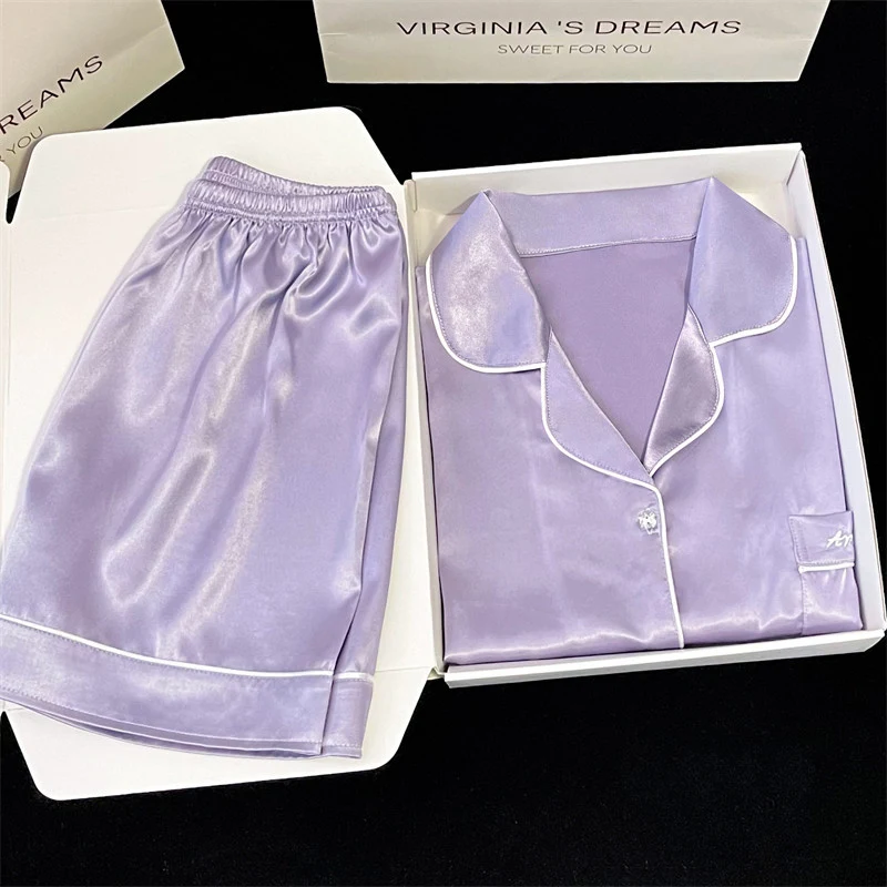 Embroidery Solid Women\'s Summer Casual Pajama Set 2024 New Y2k Fashion Purple Nightwear Classic Soft Simulated Silk Housewear