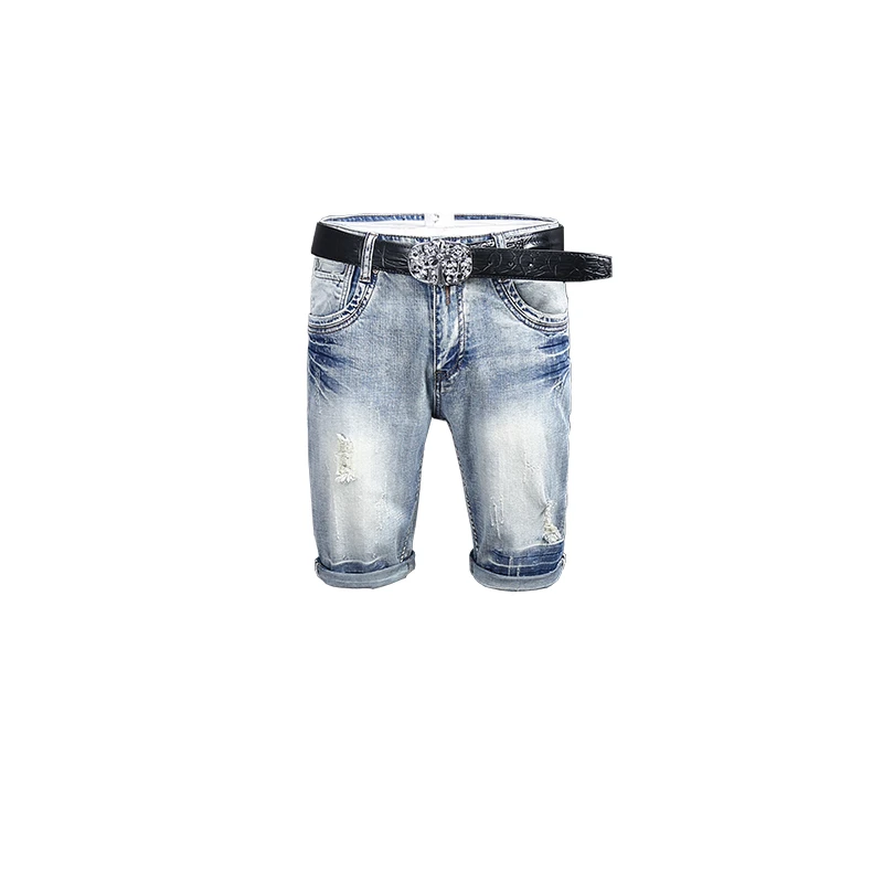 2024 Zomer Nieuwe Gescheurde Amerikaanse Denim Shorts Heren Retro Lichtblauwe Nostalgische Distressed Street Tij Brandinspirate Shorts