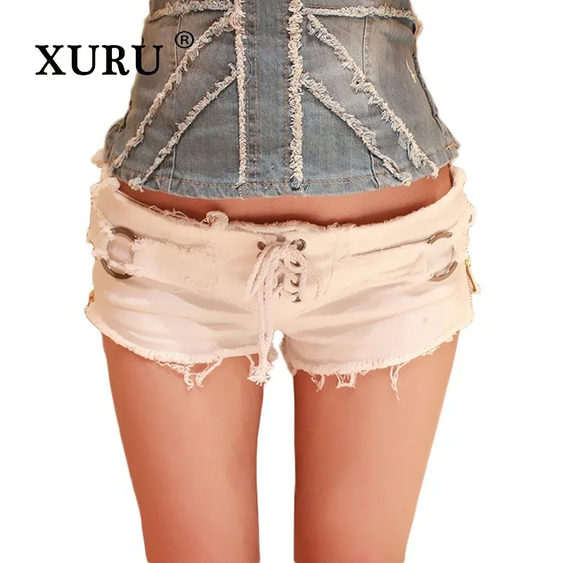 XURU - New Women's Sexy Piercing Jeans, Y2k Clothes Low Waist Summer Denim Shorts White Black Hot Pants