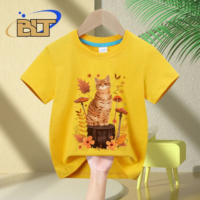 Mushroom fallen cat retro print kids T-shirt summer children's pure cotton short-sleeved casual tops boys and girls gifts