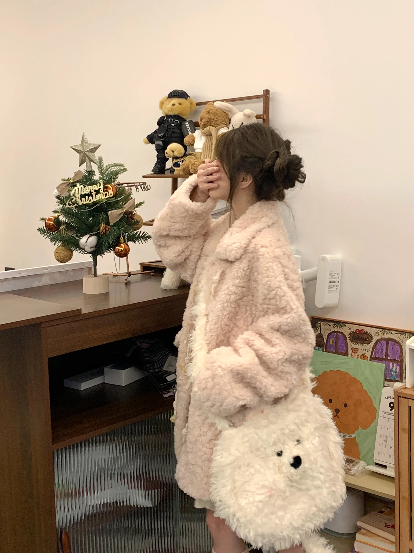 Sweet, cute and eco-friendly lambskin fur coat for women. Winter coat with horn buttons and thick, medium-length fur in one piec