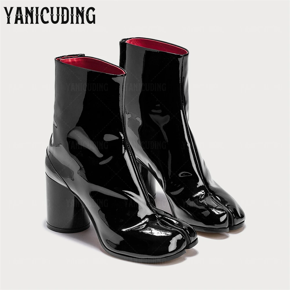 

Black Patent Leather Tabi Booties Red Lining Ankle Boots Classic Back White Stitching Boots Split Toe Novelty Fashion Style Boot