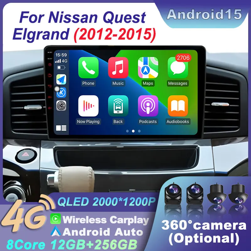 

GPS Multimedia Navigation Video BT Stereo Player 4G WIFI QLED Android 15 for Nissan Quest Elgrand 2012-2015 Car Radio 360 Camera