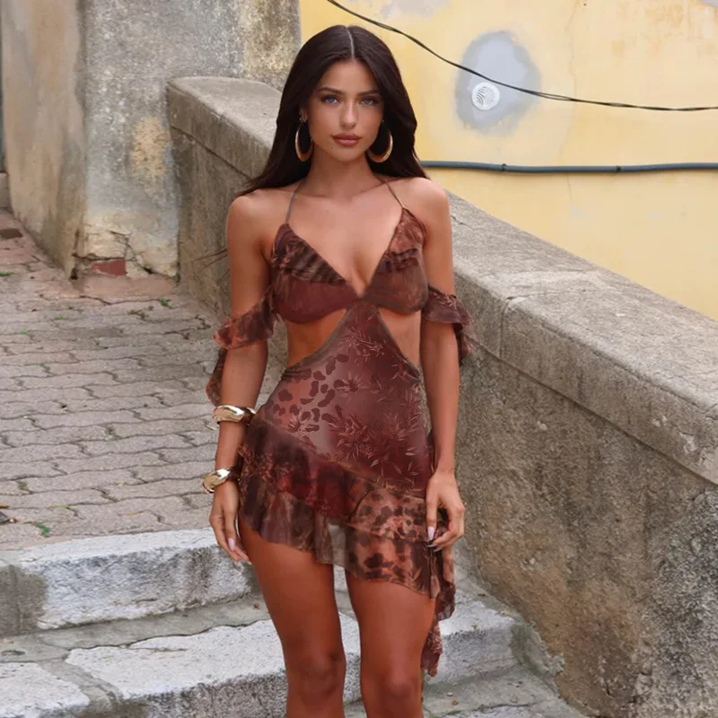 

Lotus Leaf Edge Leopard Print Dress, Summer New Style, Sexy Hollow Hanging Neck Printed Skirt
