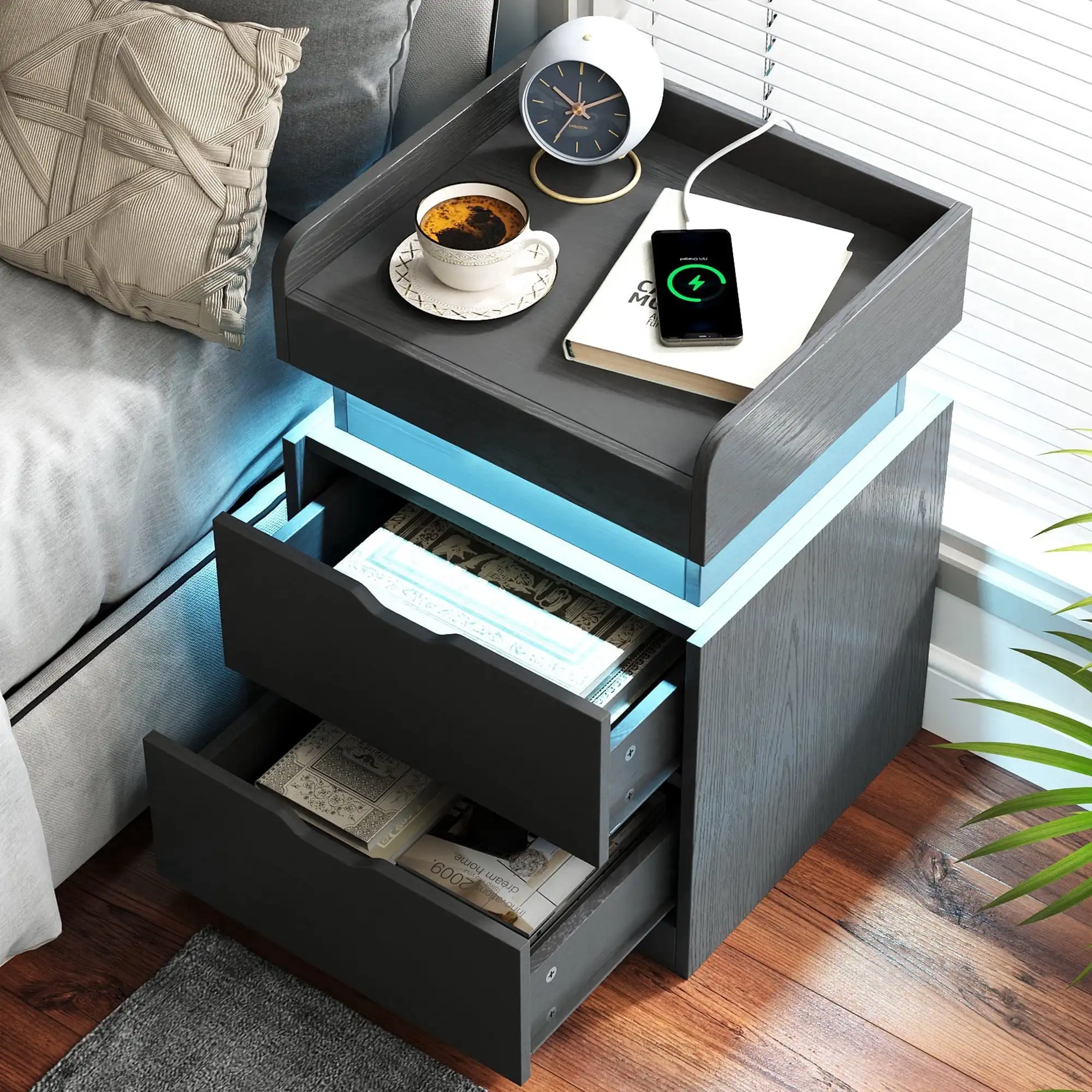 Black Nightstand with Charging Station, LED Nightstand with 3 Hidden Drawer Modern Bedside Table End Side Table Nightstands for Bedroom Living Room 25" Tall