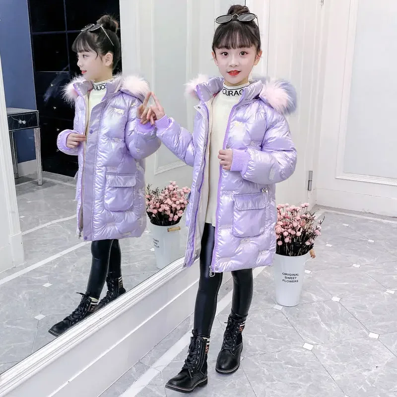 Kids Teenage Cotton Parka 2024 White Duck Down Shiny Jacket For Girls Hooded Warm Children Girl Winter Coat 5-14 Years Outerwear