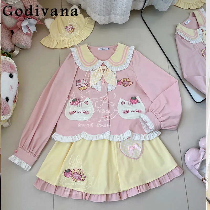 

Original Sweet Girls Cute Long-sleeved Top Skirt 2-piece Set Student College Style Uniform Set Sailor Suit Daughter's Clothing