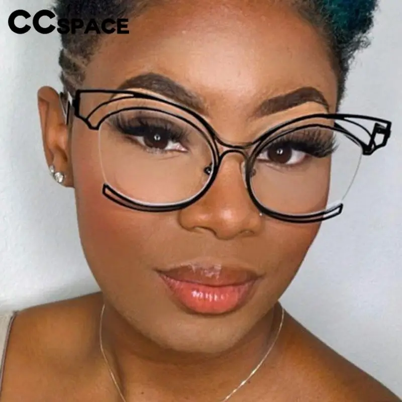 56755 New Half-Frame Hollow Out Optical Spectacle Frame Women Fashion Cat Eye Metal Flat Mirror Clear Curl Legs Eyewear