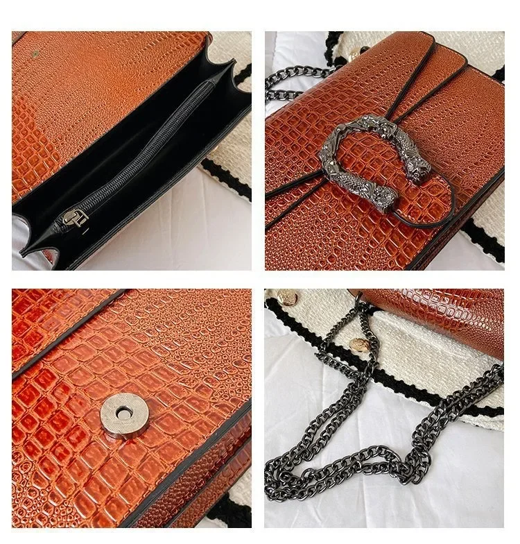 حقيبة كتف بسلسلة عصرية على الطراز القديم للنساء بنمط الأفعى حقيبة كروس مربعة صغيرة إكسسوار عصري