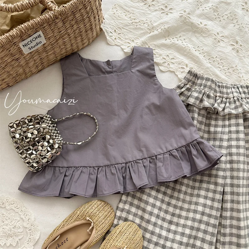 

2025 Summer New Children's Fungus Ruffle Edge Square Neck Sleeveless Shirt Girls Baby Solid Color Retro Top