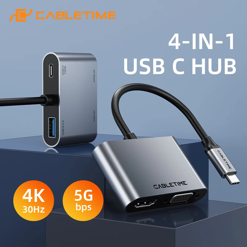 

CABLETIME 4-в-1 USB-C хаб с поддержкой VGA, адаптер HDMI 4K, скорость передачи данных 5 Гбит/с, 4K@30 Гц для монитора, Macbook Pro, Matebook X, Nintendo