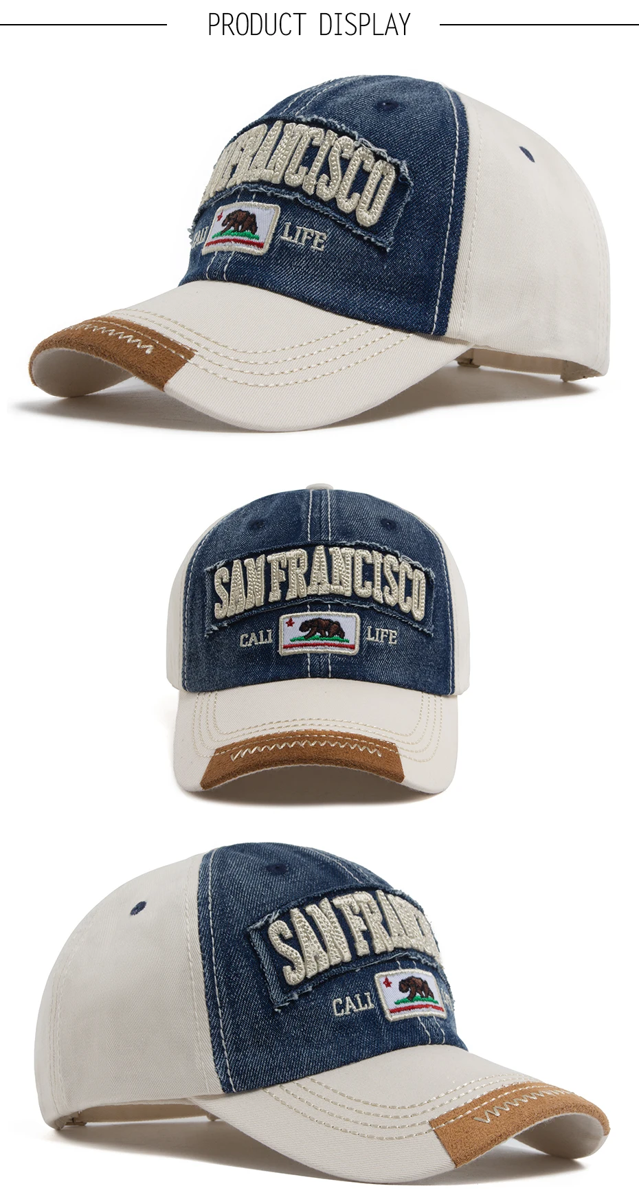 California Bear Baseballkappe für Herren und Damen, gewaschener Denim, Retro-Buchstabe, bestickte Mütze, Sommer, Hip-Hop-Snapback für den täglichen Gebrauch, lässig – Detail 4