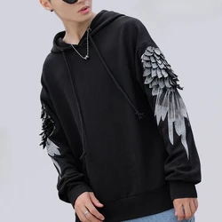 Men's Clothing Black Sweatshirts for Man Hoodies Hooded Couple Outfit Wing Cheap Emo Cotton Autumn Harajuku Fashion Novelty And