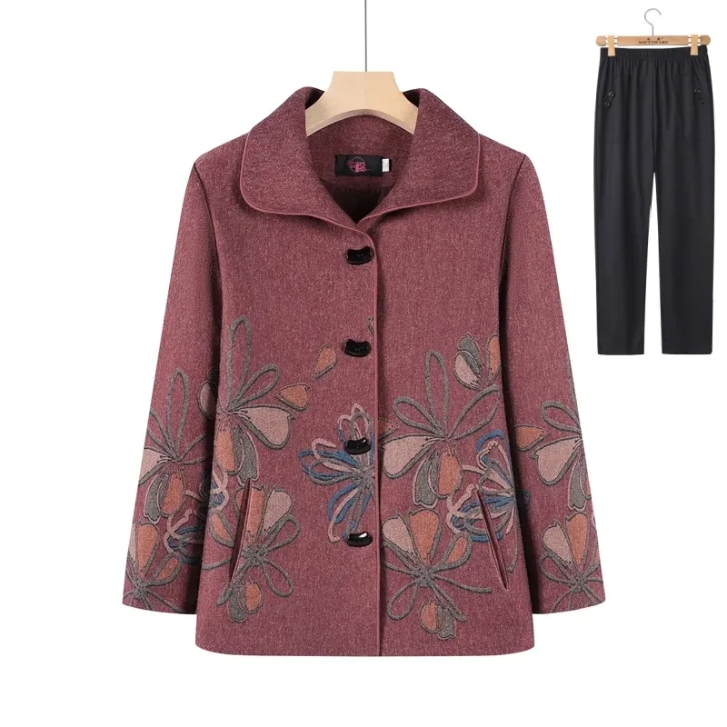 Grandma Jacket Outwear Two Piece Set Spring Autumn Mom Woolen Coat Fabric Square Neck Tops Pant Set Old Lady Fashion Outfit 5XL