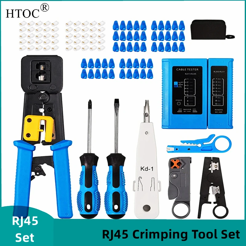 HTOC – kit d\'outils de sertissage RJ45 pour réparation de réseau de câbles LAN RJ11/RJ12/CAT5/CAT6/Cat5e, avec dénudeur de connecteurs de fil