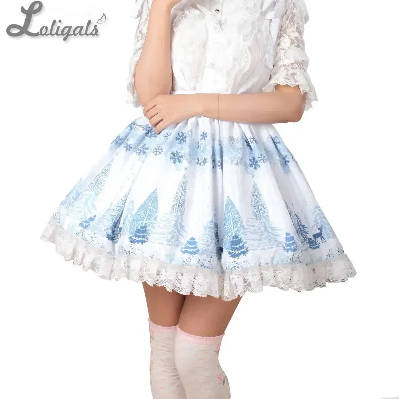 

Sweet Light Sky Blue Snow Forest Printed Pleated Lace A Line Lolita Skirt for Lady