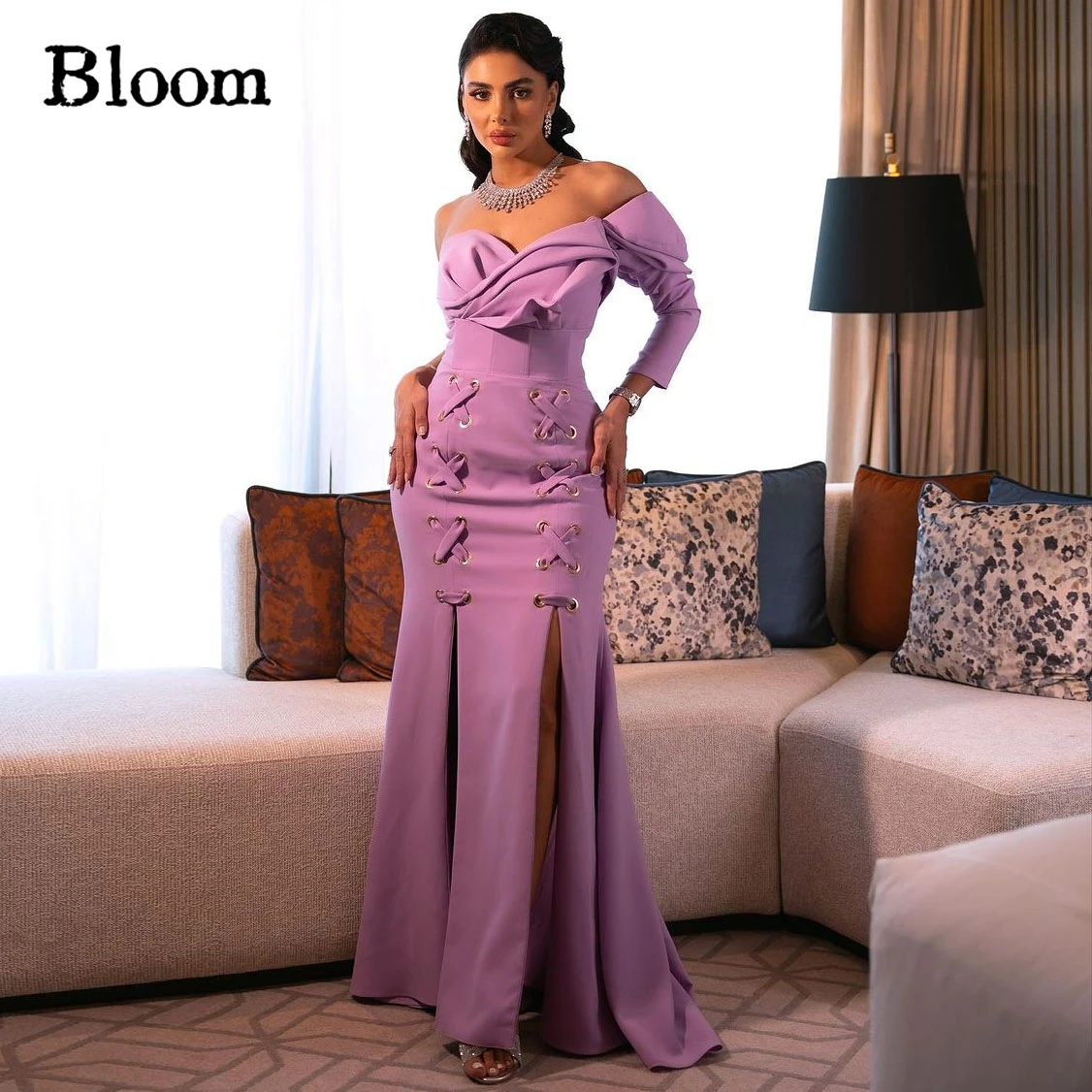 

Bloom Lavender One-shoulder Evening Dresses Cross Straps Mermaid Long Sleeve New Design Arabia Prom Dresses Wedding Party Dress