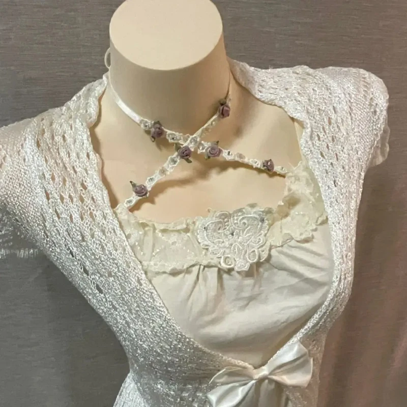 لوليتا الحلو أنيقة 2 قطعة مجموعات فساتين 2000s سليم قصيرة الأكمام صدرية مثير الدانتيل فستان بحزام Y2k Kawaii خمر الدعاوى شيك