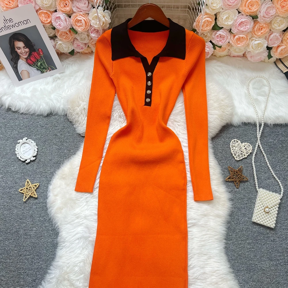 YuooMuoo Elegancka, seksowna sukienka dzianinowa podkreślająca biodra, długa, jesień-zima 2025, z kołnierzykiem, dopasowana sukienka swetrowa, streetwear