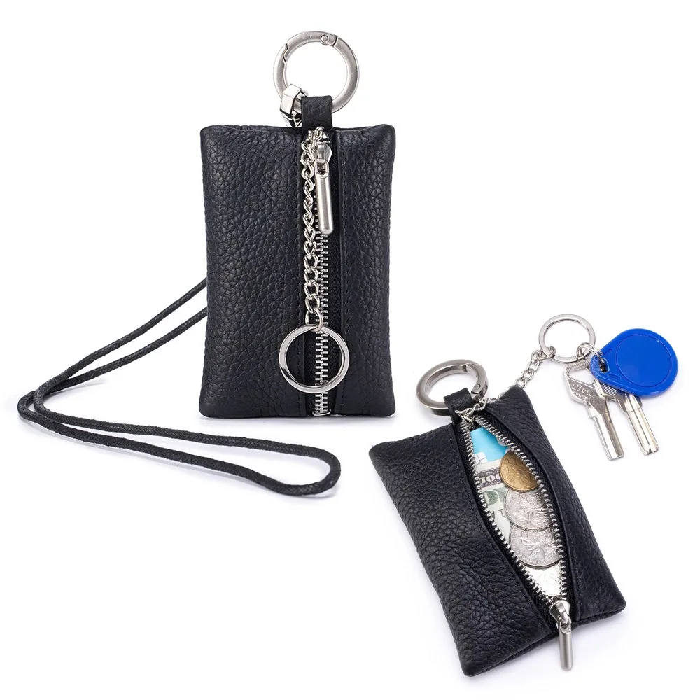 Portable Leather Zipper Coin Wallet, Removable Wearable Lanyard Key Ring Design Tiny Pouch for Daily Keys Cash Small Accessories
