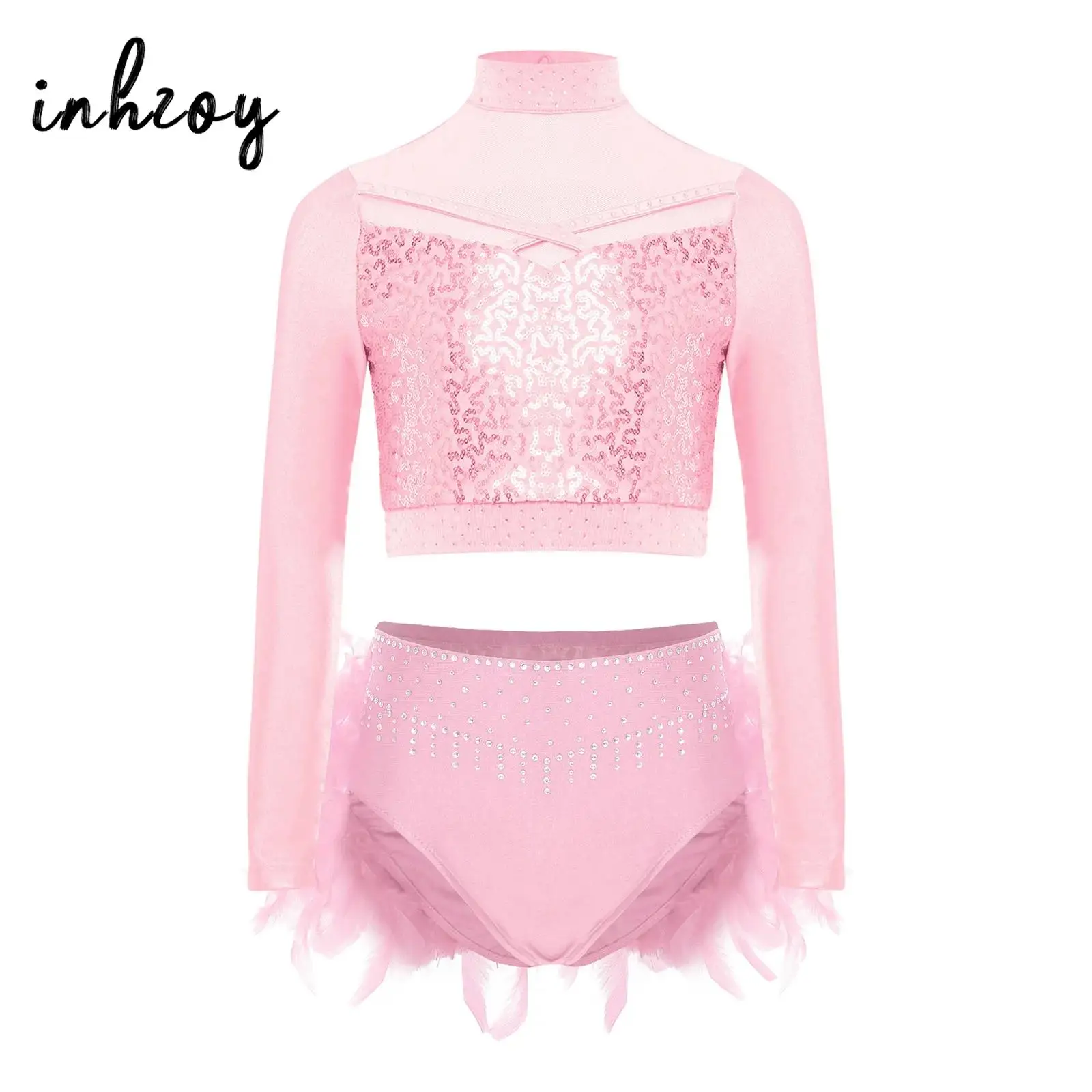 

Детские балетные костюмы для девочек: комплекты для выступлений с длинными рукавами, топом с пайетками и брюками с перьями, наряды для мероприятий