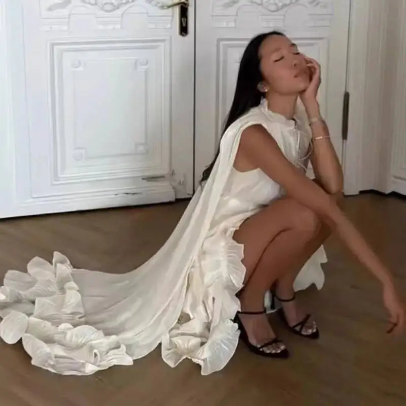 Women Elegant Shawl Style Long Dress With A Thin Gauze Shawl And Irregular Lotus Leaf Like Cascading Hem Skirt Fashionable Sexy